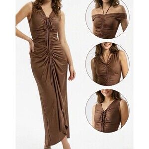 Ever Pretty Sz16 Women’s Brown  Ruched V-Neck Sleeveless Stretch Maxi Long Dress